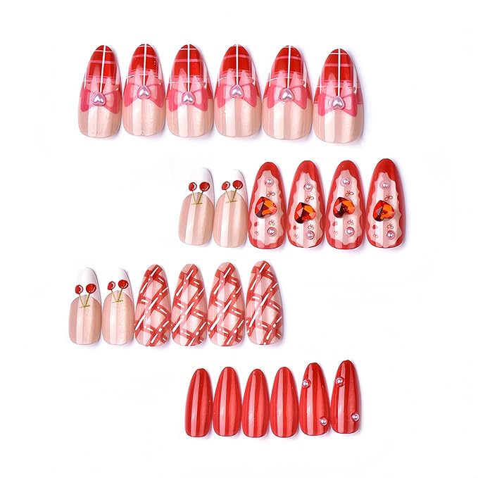 24Pcs Valentines Day Press on Nails Medium Almond Red Fake Nails Nude False Nails with Bow Cherry Pearls Design Red Heart Rhinestone White French Glue on Nails Artificial Stick on Nail for Women