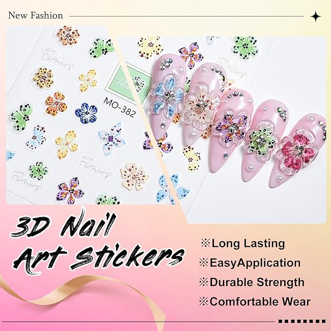 Flower Nail Stickers for Nail Art - 5D Embossed Hibiscus Nail Decals, 3 Sheets Self-Adhesive Pink White Lily Hibiscus Tropical Floral Summer Spring Flower Nail Designs Decor for Women Girls 807-11