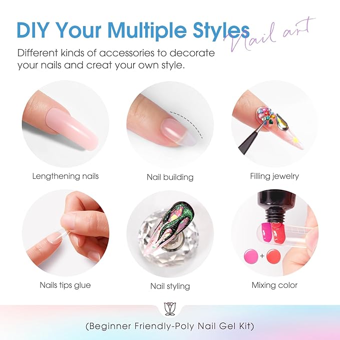 ROSALIND Poly Nail Gel, 6 Colors 0.34 oz/10 ml Poly Extension Gel Pink Blue Green Nail Enhancement Strong Builder Hard Gels for French Manicure Home Salon Design, Need U V/LED Lamp