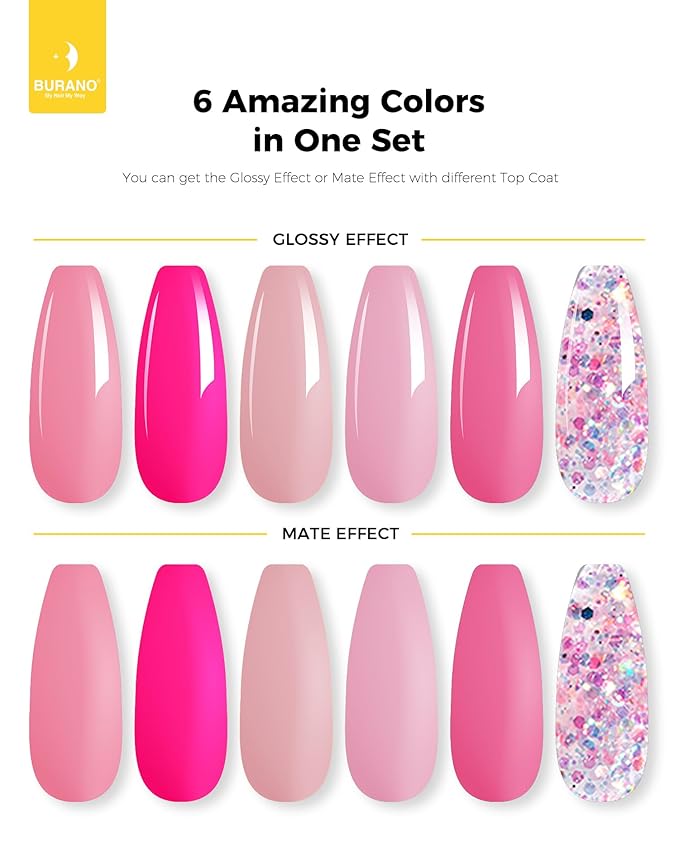 BURANO Poly Extension Gel Nail Kit, 6 Colors Nail Poly Nails Builder Gel Set for Beginner & Professional Using, DIY Starter Kit Nail Art Gift (04 Pink Glitter)