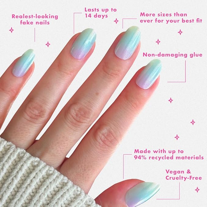 Olive & June Instant Mani Press-On Nails (Glue) | 42 Fake Nails, 21 Sizes | Non-Toxic Long-Lasting Recycled Materials Realistic Look | Salon-Quality | Medium, Oval | Iridescent Pearl Swirl Shimmer