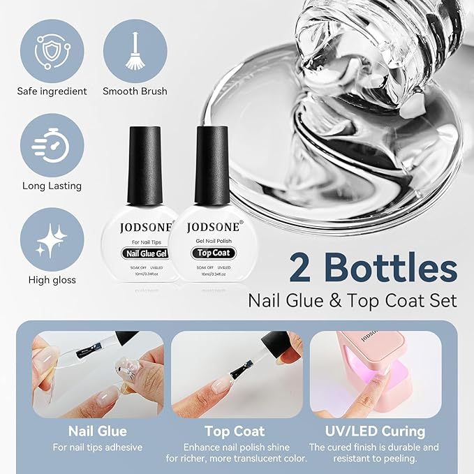 JODSONE Gel Nail Kit Short Teardrop Nail Tips 480PCS Mini Rechargeable Nail Lamp Pre Shaped Clear Full Cover Fake Nails Tips with Nail Glue & Top Coat U V LED Curing Lamp DIY Manicure Gifts for Women