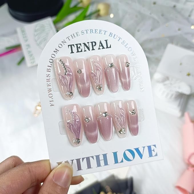 Gradient Purple Press on Nails Long Almond Cat Eye Mermaid Tail Designs Fake Nails Detachable Acrylic Shimmery Glitter False Nails with Tools Handmade Glossy Artificial Glue on Nails(L)