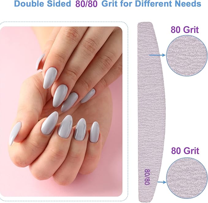 Nail Files 80/80 Grit (100 Pack), Emery Boards for Acrylic Nails and Gel Nails, Coarse Nail File 80 Grits Double Sided Emory Board Professional Nail Filers Reusable Washable Manicure Curved Gray Bulk