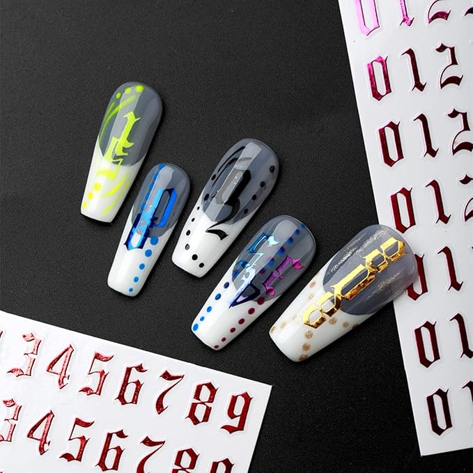12 Color Nail Art Stickers, 3D Number 0-9 Self-Adhesive Sticker Design, Laser Gold Silver Red Black White Pink Yellow Green Nail Transfer Decals for Women Manicure Decorations
