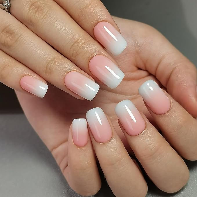 Curvlife Press on Nails Acrylic Fake Nails with Ivory Gradient White Design Full Cover False Nails for Women Reusable Nail Kit with Nail Glue Adhesive Tabs