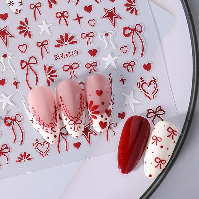 6 Sheets French Tip Nail Sticker for Nails Art Valentines Nail Art Stickers Black White Red French Tip Bow Designs 3D Self-Adhesive Cute Nail Decals for Women Manicure Decorations Supplies