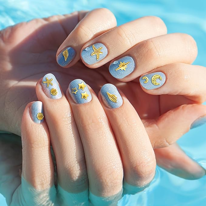 2 Disc Ocean Nail Art Charms, 3D Alloy Nail Art Decals, Beach Starfish Seashell Gems Supplies for Women DIY Craft Jewelry Manicure Embellishments- Gold