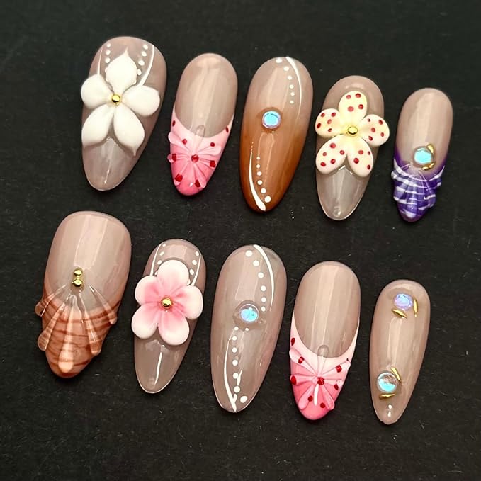 Luxury Press on Nails Medium Almond Handmade 3D Unique Reusable ABS Material Fake Nails French Tip False Nails with Designs Pink White Flower Art Petal Glossy Glue on Nails Thick Acrylic Nails(S)