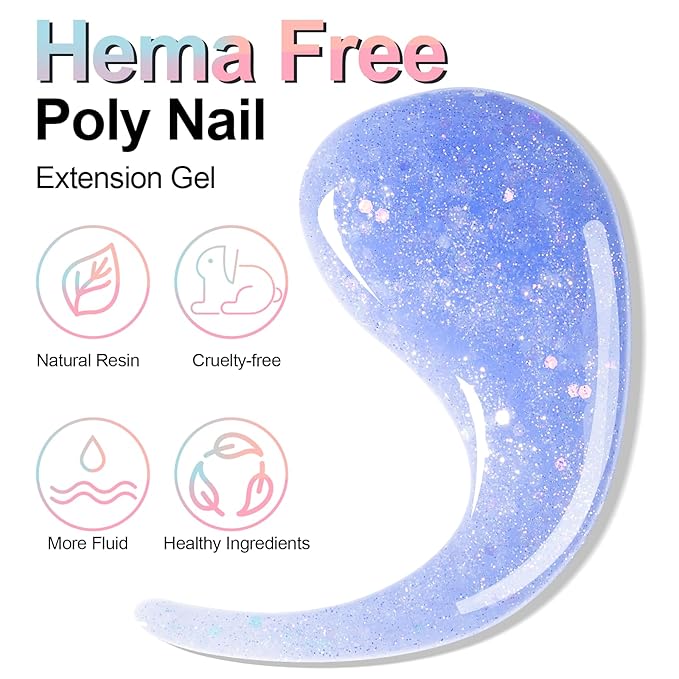 NXJ INFILILA Glitter Poly Nail Gel, Baby Blue Colors Poly Extension Gel Nail Enhancement, Thickening Glossy Builder Home DIY Salon Use for Girls UV/LED Nail Lamp Required P07