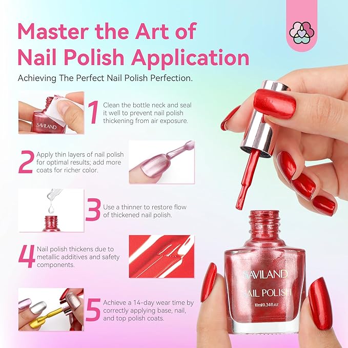 SAVILAND Metallic Nail Polish with Base and Top Coat: Chrome Nail Polish Set 12+2 Colors Mirror Glitter Holographic Silver Pink Quick-Dry Nail Polish for Fingernail French Manicure Art DIY Gift