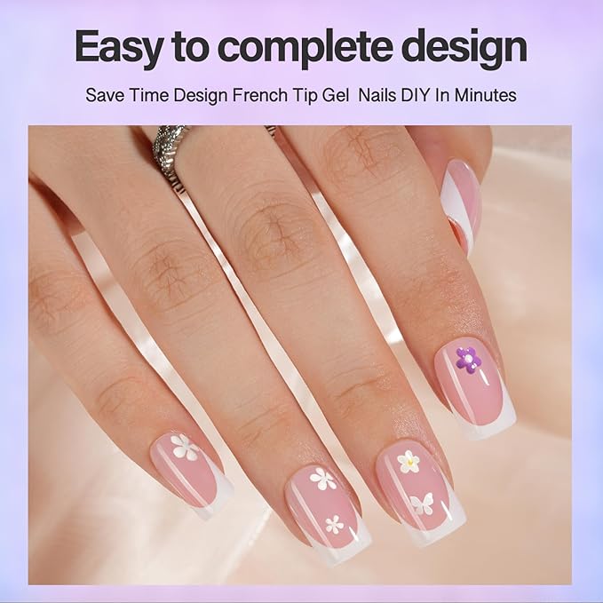 Vansiho Pink French Gel Nails Kit - Short Square French Tip Press on Nails, Nail Gel, Top Coat and Nail Lamp for Gift and Nail Art DIY