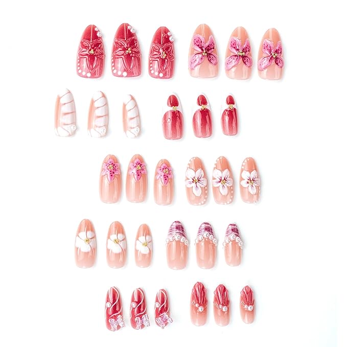 Press on Nails Medium Almond Fake Nails 3D Flowers Artificial Nail with Pearl Charm Stick on Nail for Women 30pcs