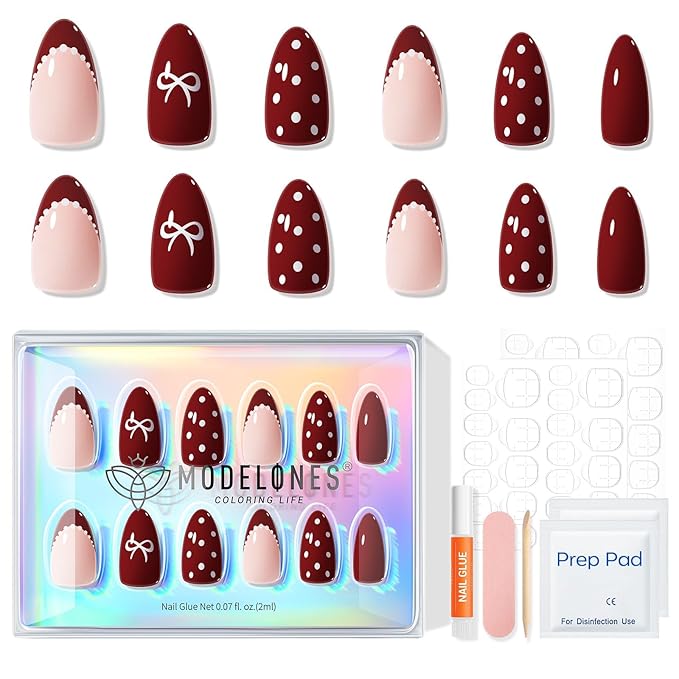 Modelones Dark Red Press on Nails Almond, Burgundy French Tip Polka Dot Bow Short Fake Nails, Reusable Nail Kit with Nail Glue Adhesive Tabs Nails Press Ons 32Pcs 16 Sizes, Women Girl Gift