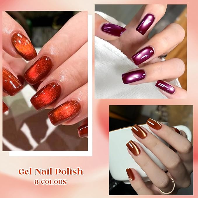 MEET ACROSS 9PCs Cat Eye Gel Nail Polish Set, Amber Brown Wine Burgundy Red Coral Caramel Jelly Cat Eye Gel Polish with Magnet, Fall Winter DIY Manicure Gifts