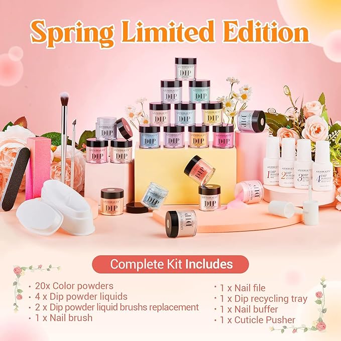 AZUREBEAUTY 31Pcs Dip Powder Nail Kit Starter 20 Colors Pastel Spring Summer Pink Acrylic Dipping Powder Set with Top/Base Coat Activator & Recycling Tray for Macaron French Manicure Salon