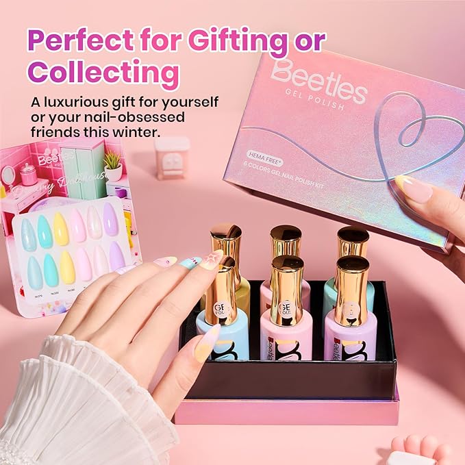 Beetles Pastel Gel Nail Polish Set - Dreamy Dollhouse 6 Colors Hema-Free Gel Nail Kit Spring Pink Yellow Blue Glitter Shimmer Soak Off UV LED DIY Gel Nail Art Gifts for Women