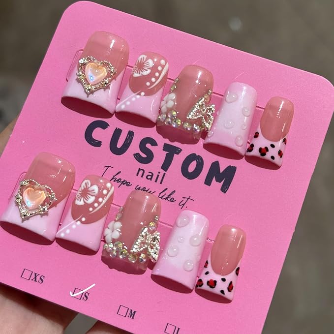 10Pcs Pink Handmade Press on Nails Duck Fake Nails French Tip False Nails with 3D Heart Butterfly Rhinestone Design Handmade Acrylic Nails Press ons Medium Reusable Stick on Nail for Women (S)