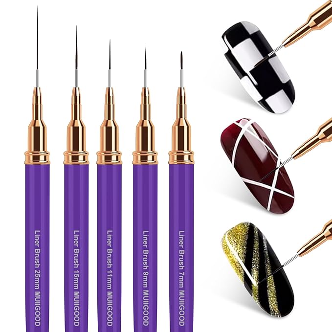 Nail Art Liner Brushes, 5Pcs Liner Brush For Nails, Painting Nail Art Brush Set Dotting Drawing Tool for Long Lines, Thin Details, UV Gel Polish Painting, Fine Drawing 7/9/11/15/25mm(Purple)