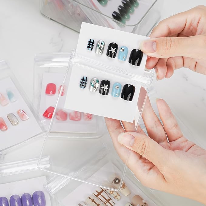 Press On Nail Storage Set,30 PVC Ziplock Bags, 30 Nail Art Cards, a Roll of Transparent Double-Sided Tape and an Acrylic Storage Box