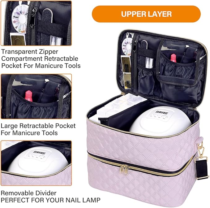 Nail Polish Organizer Case Holds 40 Bottles(15ml/0.5fl.oz) and Nail Lamp, Double Layer Nail Polish Storage with Adjustable Dividers,Portable Carrying Bag for Nail Kit, Manicure Tools Pink