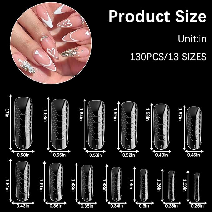 130 Pcs Poly Extension Gel Dual Nail Forms With Scale Builder Coffin Nail for Gel Manicure Art Design Salon DIY at Home (Long Round-Head Dual Forms Set)