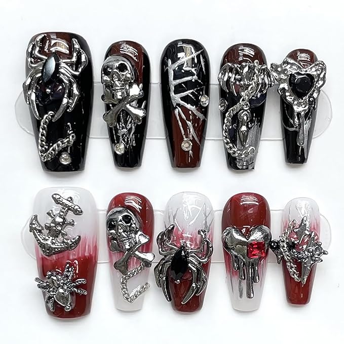 Luxury Halloween Press on Nails Medium Coffin Handmade 3D Unique Reusable ABS Material Fake Nails Gothic False Nails with Designs Spider Skull Charms Glossy Glue on Nail Thick Acrylic Nail(M)