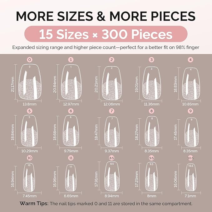 MelodySusie Short Ballerina X Nail Tips - 300Pcs 15 Sizes Clear Acrylic, Half Matte Full Cover Press on Nails for DIY Extension & Salon Use,Pre-Shaped for Long-Lasting Manicure