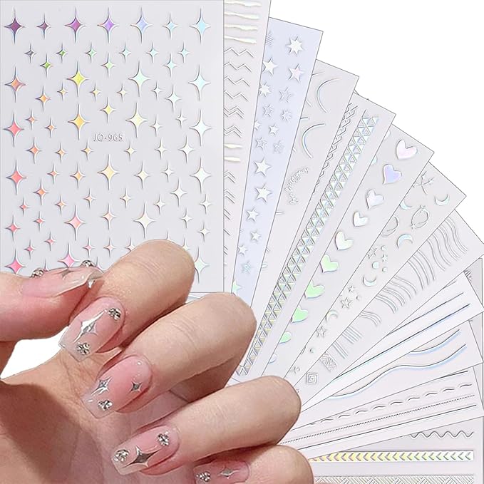 12 Sheets Aurora Nail Art Stickers Decals 3D Self-Adhesive Pegatinas Uñas Glitter Silver Nail Stickers Holographic Heart Star Fire Nail Supplies Nail Art Design Decoration Accessories for Women Girls