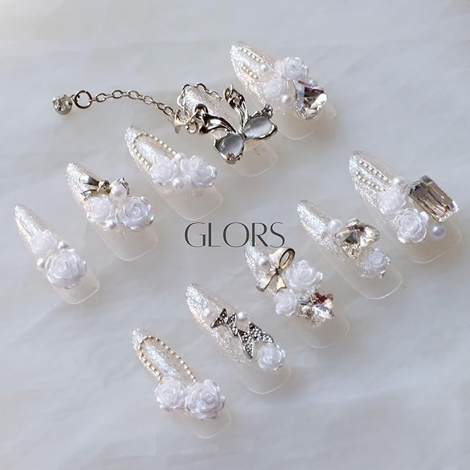 Luxury Long Almond Press-On Nails, 3D White Roses with Silver Glitter, Pearl and Rhinestone Decorations, Handmade False Nail 10 Pieces (Small, LS)
