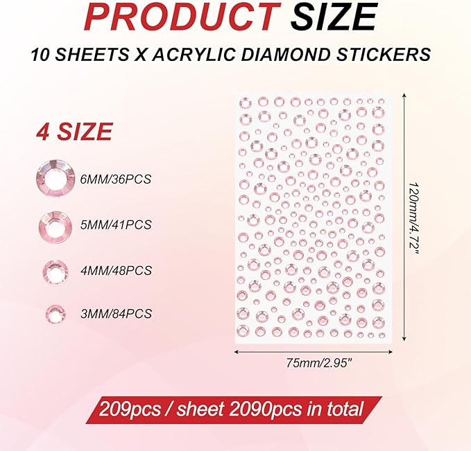 PATIKIL 2090 Pcs Acrylic Gem Sticker, 4 Size 3/4/5/6mm Self Adhesive Rhinestones Face Gem Stones Bling Jewelry for Nail Art Craft Clothes DIY Makeup Decoration Party, Light Pink