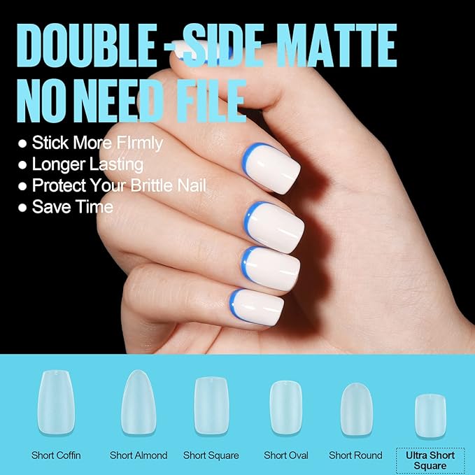 TOMICCA Extra Short Square Nail Tips, 15 Sizes Soft Double-sided Matte Fake Nails for Extensions, 450Pcs Acrylic Pre Shaped Gel Nail Tips for Home DIY Art Women Girls