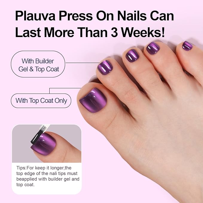 150Pcs Cat Eye Toe Nail Tips, Plauva Toe Press on Nails, 5 Colors Glossy Glitter Cat Eye Fake Nails, Soft Gel Stick On Nails for Women and Girls 15 Sizes