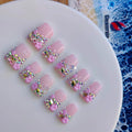 Pink Press on Nails Handmade Duck Fake Nails Pink with Rhinestones and 3d Butterfly and Flower Design Elegant for Women 10pcs M Size Pattern 1104