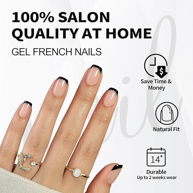 Black French Tip Press on Nails Square - SHANGMENG Soft Gel Press on Nails Short, Fit Perfectly & Natural Stick on Nails with Glue in 16 Sizes - 32 Reusable Fake Nails for Women Gift, Black French