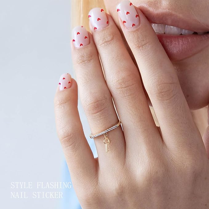 JMEOWIO Gel Nail Stickers Valentines Day Red Heart Semi Cured Gel Nail Strips Wraps UV/LED Nails Art Design Decoration Accessories