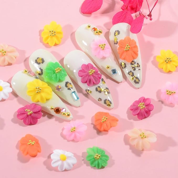 35PCS 3D Handmade Flower Nail Art Charms Y2K Design INS Trendy Handcrafted Colorful Flower Sculpted Floral Nails with Caviar Beads for Women Profession Nail Art Craft Jewelry