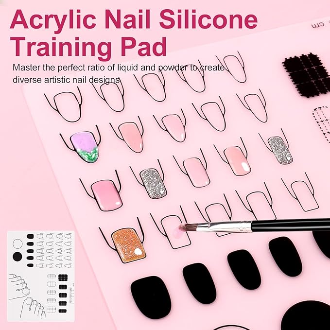 Practice Hand for Acrylic Nails, Acrylic Nail Training Mat , Manicure Trainng Hand Nail Kit for Beginners,Movable Nail Maniquin Hand with 50PCS Nail Tips,Acrylic powder, Brush and Clipper (White)