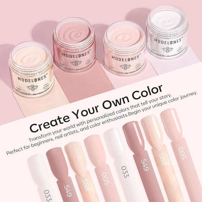 Modelones Dip Powder Nail Kit, 4 Colors Spring Summer Nude Pink Glitter Dipping Starter Set with Liquid and Complete Accessories for French Nails Art Salon DIY at Home Manicure