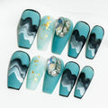Sun&Beam Nails Handmade Long Coffin Ballerina Black Blue False Nail Tips with Cute 3D Diamond Popular Charm Design Press On Nails 10 Pcs (#71 XS)