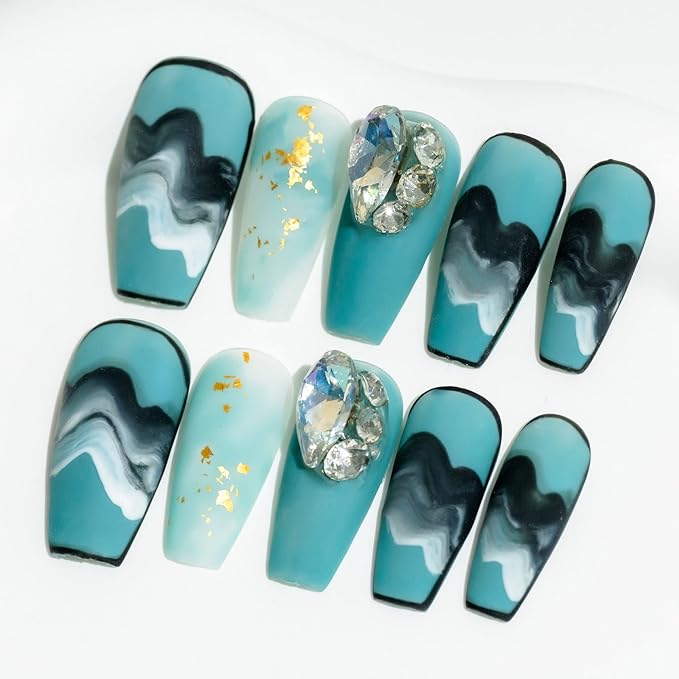 Sun&Beam Nails Handmade Long Coffin Ballerina Black Blue False Nail Tips with Cute 3D Diamond Popular Charm Design Press On Nails 10 Pcs (#71 XS)