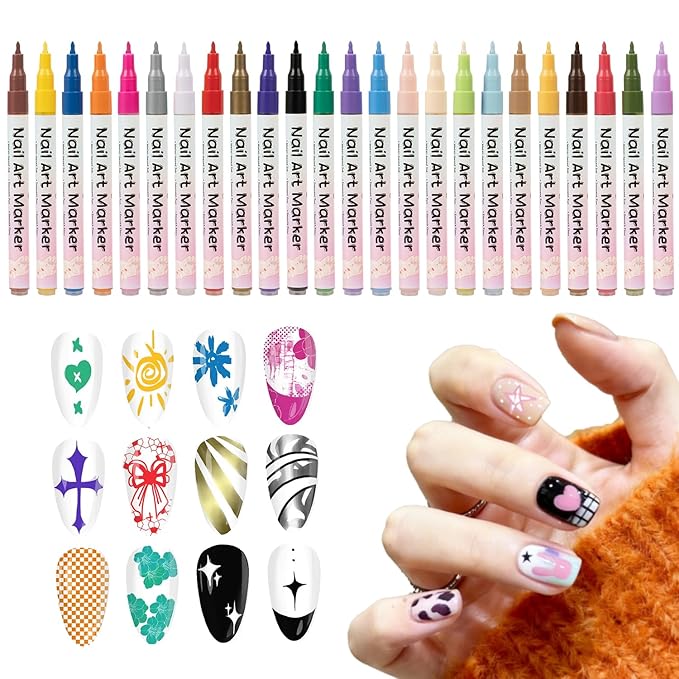 24 Colors Nail Art Pens Set, 3D 0.5MM Nail Polish Pens, DIY Nail Markers, Quick Drying Long Lasting Paint Graffiti Point Dotting Liner Pen Tools for Home & Salon