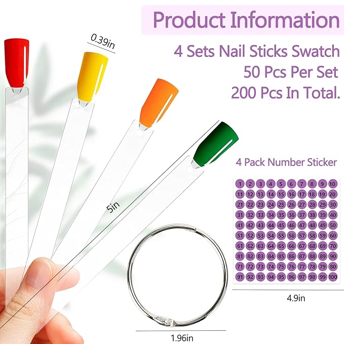 BQAN 200 Pcs Nail Swatch Sticks with Ring, Nails Art Display/Nail Practice Sticks for Home or Salon Use, 4 Pack Number Stickers