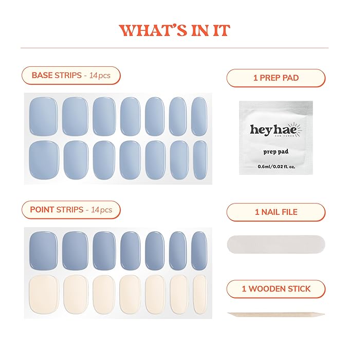 Heyhae Semi Cured Gel Nail Strips | No LED Lamp Needed | Solid, Blue, Spring | Easy Apply & Remove, Salon Quality | Includes 28 Strips, 1 Prep Pads, Nail File & Wooden stick - Hey, It's Your Era