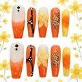 Orange Press On Nails Long Coffin - 3D Flowers Hand-Painted Butterflies French Tip Yellow Floral Acrylic Nail for Women (Mango Sago,S)