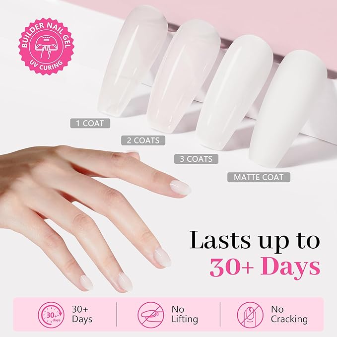 Builder Nail Gel, Milky White Builder for Nails Strengthener, 8-in-One Apex Enhancement Extension Hard Building Color Gel LED Lamp Cured Rubber Base Coat for DIY Beginners & Salon Manicure 16ML