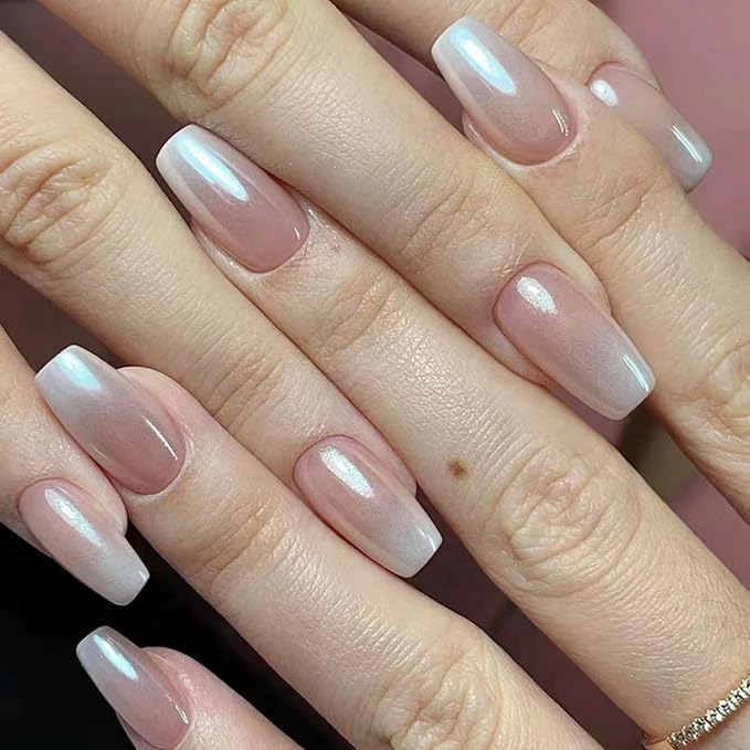 32 Pcs French Gradient Press on Nails Short Coffin Shaped Fake Nails with Pink White Gradient Designs Glitter Acrylic Nails Full Cover Bling Stick on Nails for Women Nails Manicure Decoration