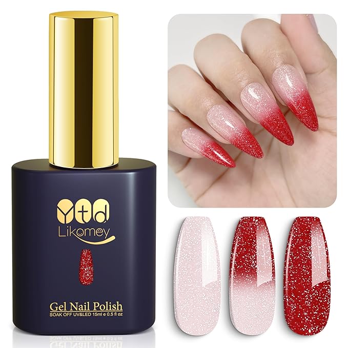 YTD Likomey Color Changing Gel Nail Polish,15ml Light Pink To Red Glitter Mood Temperature Change Colors Ombre Thermal Salon Home Manicure Fall Winter UV Nails Varnish,WB212