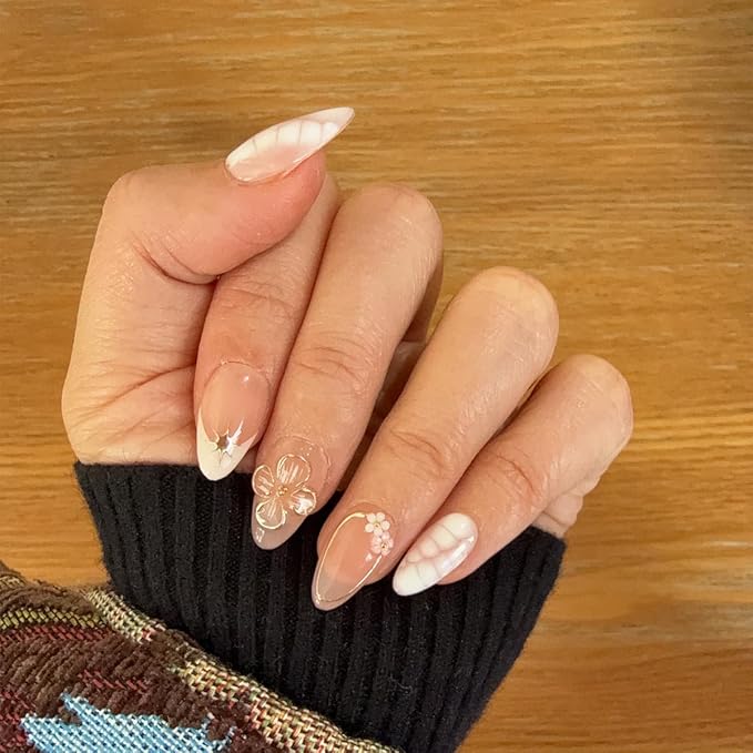 10 Short Almond Handmade Press On Nails | Blush Pink & White Snake Print Design with 3D Floral & Gold Accents | Salon-Quality Manicure, Easy Apply/Remove, Reusable & Long-Lasting (251216, S)