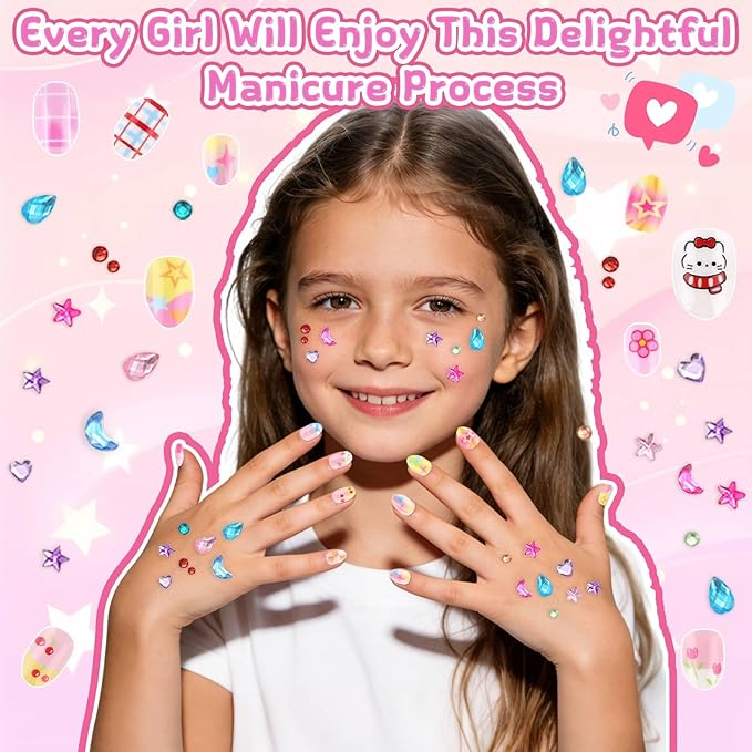 Press On Nails for Kids, 360 Pcs Almond Fake Nails for Girls, Heart Flower Nail Stickers, 3D Rhinestone Stickers Face Gems, Nail Art Kit for Girls Gift 8-12
